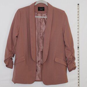 Love Tree dusty pink open-front 3/4 ruched sleeve flap front faux pocket blazer